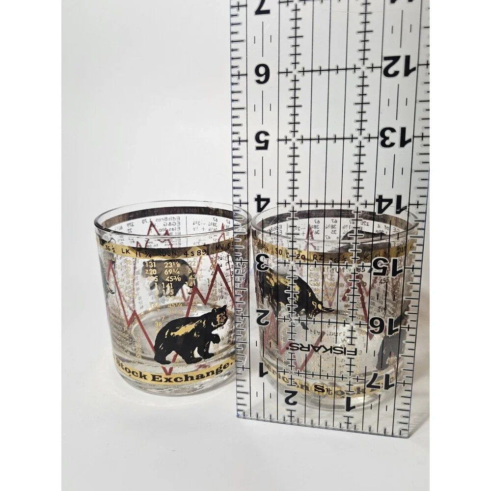 Set of 2 Vintage MCM Hammacher Schlemmer Stock Market Bull/Bear Lowball Glasses